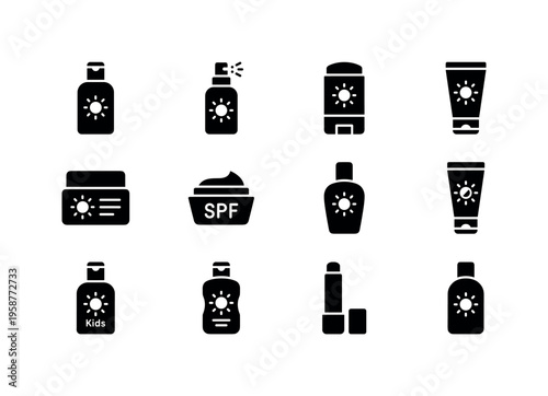 Collection of black icons representing various sun protection products and their application