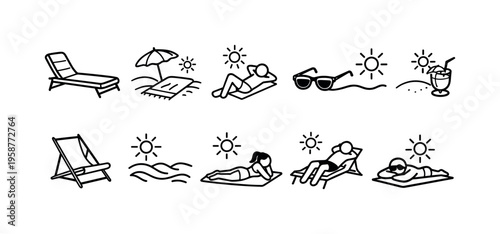 Collection of simple line art icons depicting beach and sunbathing activities