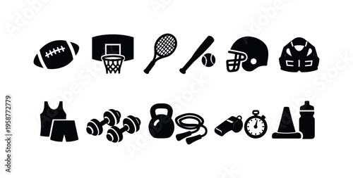 Collection of sports equipment and fitness gear icons on a white background