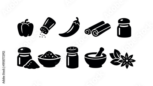 Collection of culinary spice and seasoning icons on a white background