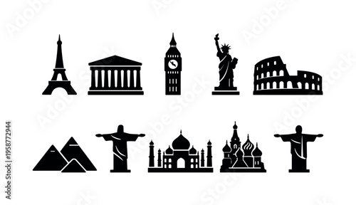Collection of iconic global landmarks and monuments in silhouette style