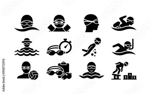 Collection of diverse swimming icons representing different aquatic activities and equipment