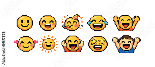 Collection of pixel art emojis and characters expressing joy and excitement