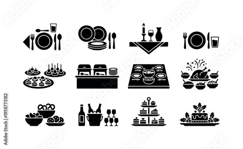 Collection of icons depicting various dining and catering arrangements