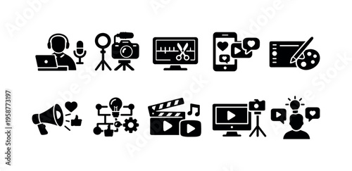 Digital content creation icons for vlogging, marketing, and design projects