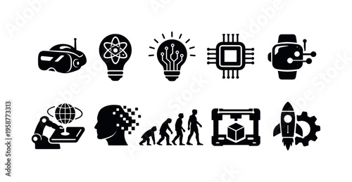 Collection of icons representing technological advancements and innovation concepts