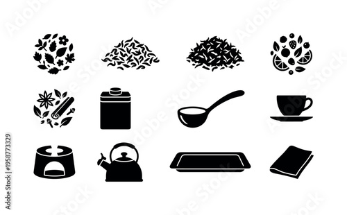 Collection of black and white icons representing tea and its preparation