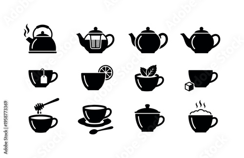 Collection of black icons representing various tea preparation and serving elements