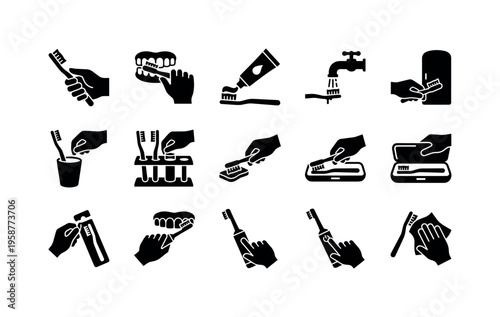 Collection of icons illustrating various toothbrushing and dental hygiene actions