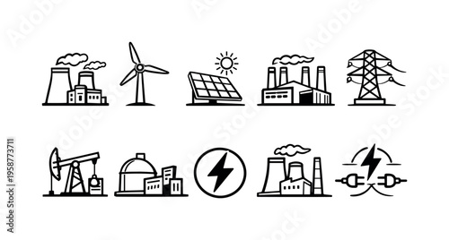 Collection of industrial and energy production icons including factories, wind turbines, and solar panels