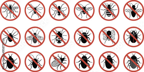 Pest Control Stop Sign Icon Set Featuring Various Insects and Rodents for Hygiene, Extermination Services, Warning Symbols, Infestation Prevention and Vector Marketing Design