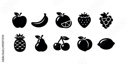 Collection of simple black fruit icons on a white background