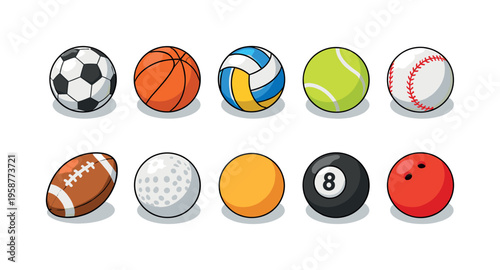 Collection of diverse sports balls arranged in two rows on a white background