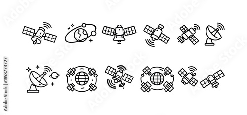 Collection of satellite icons orbiting the Earth and in space