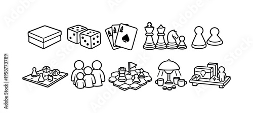 Collection of board game icons and elements for family fun and entertainment