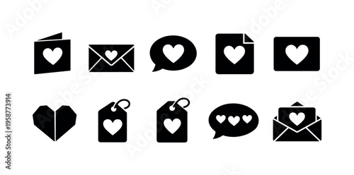 Collection of black heart icons representing love, communication, and messages
