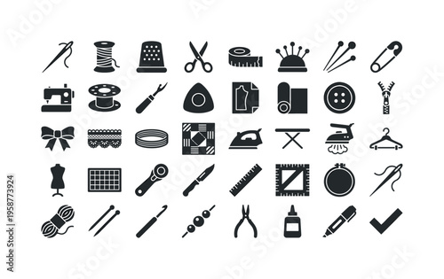 Collection of sewing and crafting tools and supplies displayed in a grid format