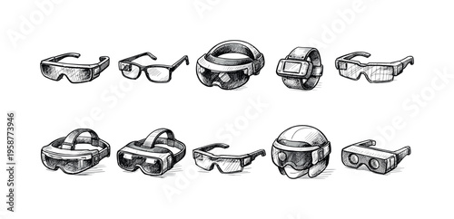Collection of futuristic augmented reality and virtual reality headsets and glasses