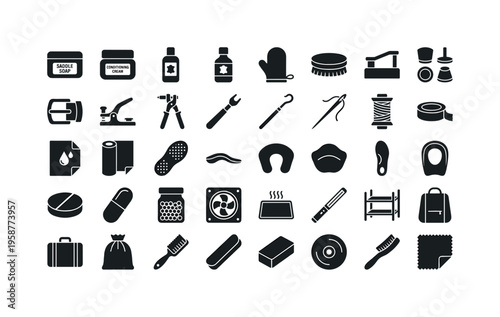 Collection of shoe care and repair tools and accessories icons