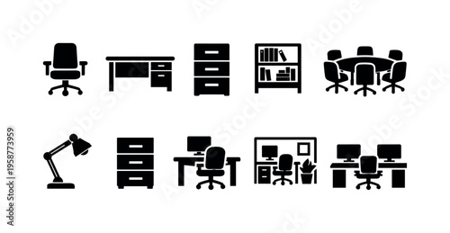 Collection of office furniture and equipment icons for workspace design