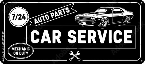 Vintage car service and gas station sign. Gas station for car, monochrome banner illustration. Transparent background EPS version.