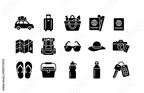 Collection of travel essentials and vacation items for a trip