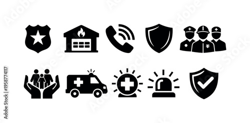 Collection of emergency service and safety icons representing public safety and assistance