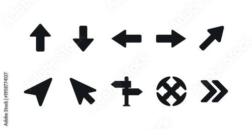 Collection of diverse directional arrow and cursor icons on a white background