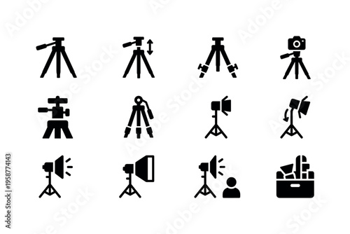 Collection of photography equipment icons including tripods and lights