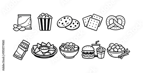 Collection of popular snack icons in a simple line art style