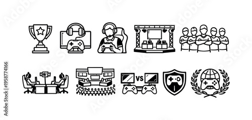 Collection of esports icons representing competition, gaming, and victory in digital sports