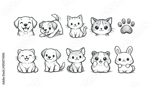 Collection of adorable hand-drawn sketch style cute pets and paw print