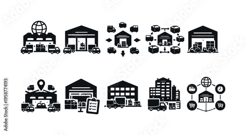 Collection of distribution center and logistics icons with trucks and warehouses