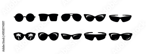 Collection of diverse black sunglasses silhouettes on a white background