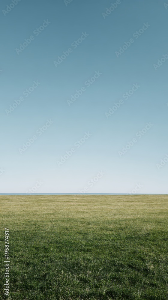 Obraz premium Wide open green grass field with a very low horizon beneath a clear blue sky creating a clean minimal composition with large negative space and natural tones