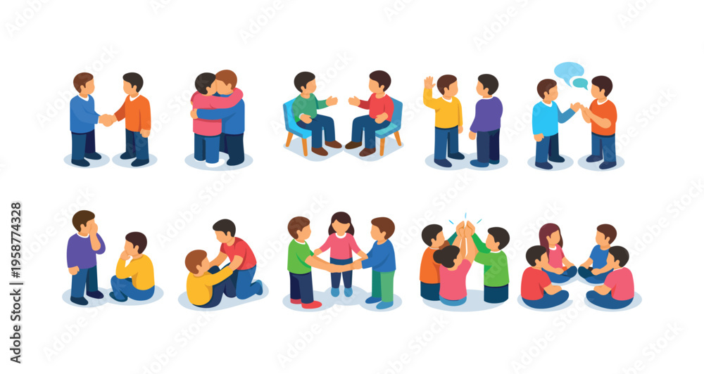 Fototapeta premium Diverse group interactions and teamwork illustrated with isometric people figures
