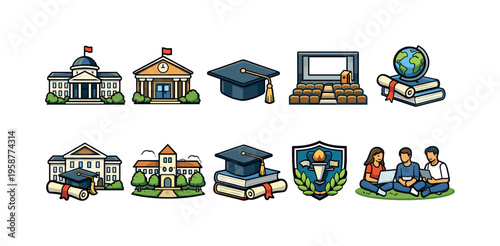 Collection of educational icons representing universities, graduation, and learning
