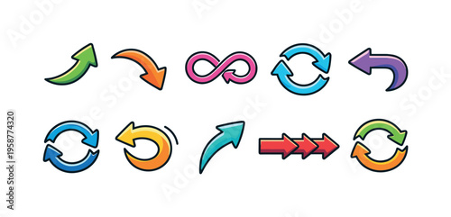 Collection of colorful cartoon arrows indicating direction and cycles