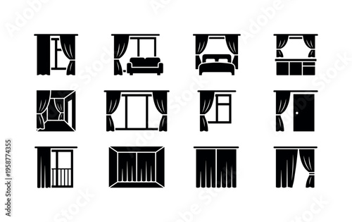 Collection of stylized icons representing various window and door treatments