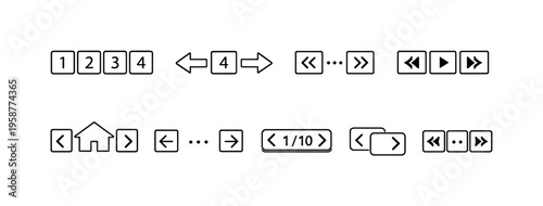 Collection of navigation icons for web and app interfaces, including page numbers and arrows