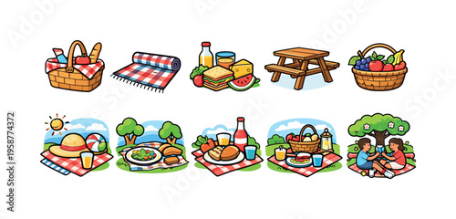 Collection of cartoon picnic scenes and elements for outdoor leisure