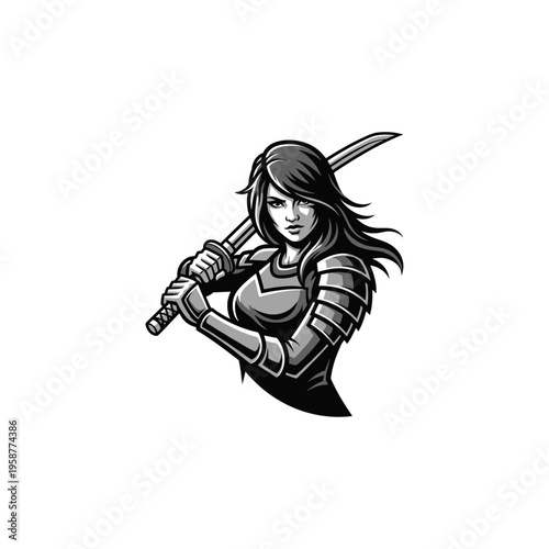 Female Warrior Holding Sword – Strong Fantasy Character Illustration