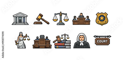 Collection of legal and justice icons representing court proceedings and law enforcement