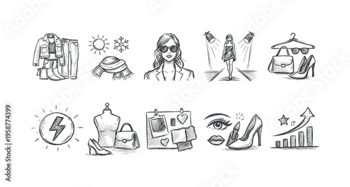 Fashion and style icons collection with clothing, accessories, and beauty elements
