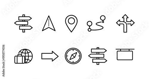 Collection of navigation and travel icons including signs, compass, and map markers