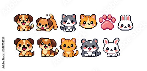 Cute pixel art collection of adorable cartoon animals and paw print