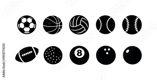 Collection of diverse sports balls icons on a clean white background