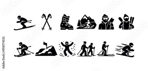 Collection of skiing icons depicting various winter sports activities and equipment