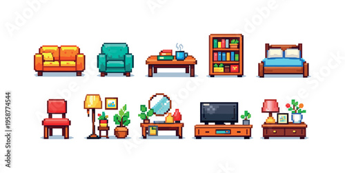 Pixel art collection of various furniture and home decor items