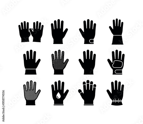 Collection of diverse black glove icons representing various types and functions